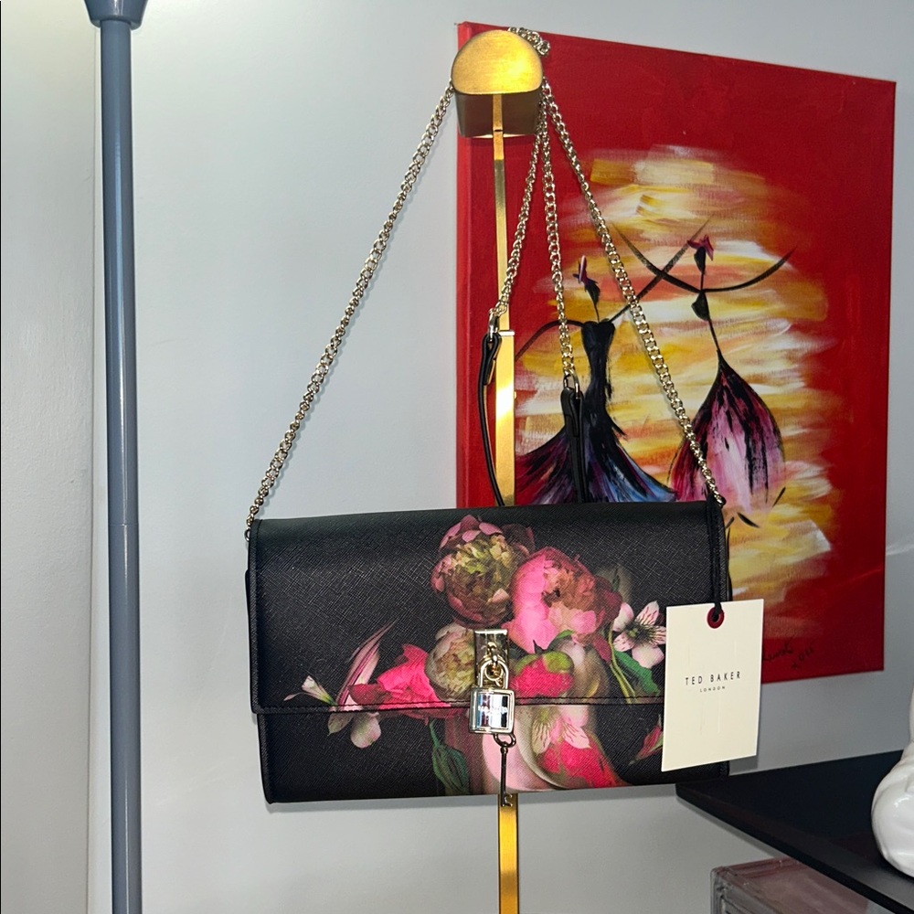 Ted Baker London Cyra Black Floral Print Convertible Crossbody Bag 8.5”x 6” NWT